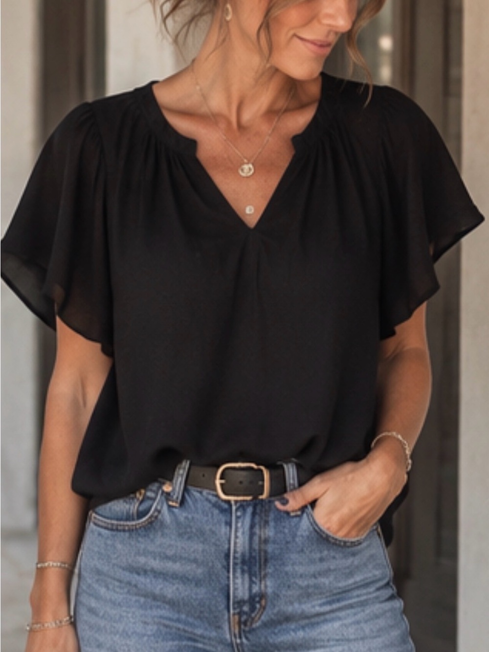 Black V-Neck Flutter Sleeve Women’s Top - Classic Everyday Blouse